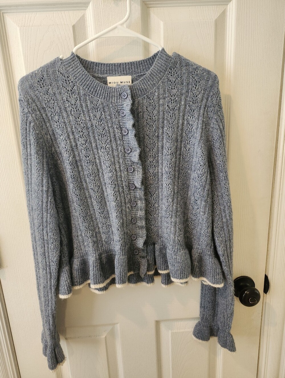 Miou Muse Blue Ruffle Cardigan